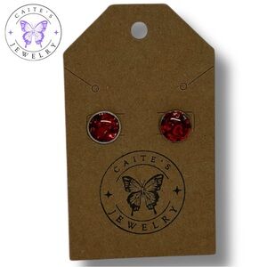 Handmade Silver Stud Earrings with Red Heart Glitter